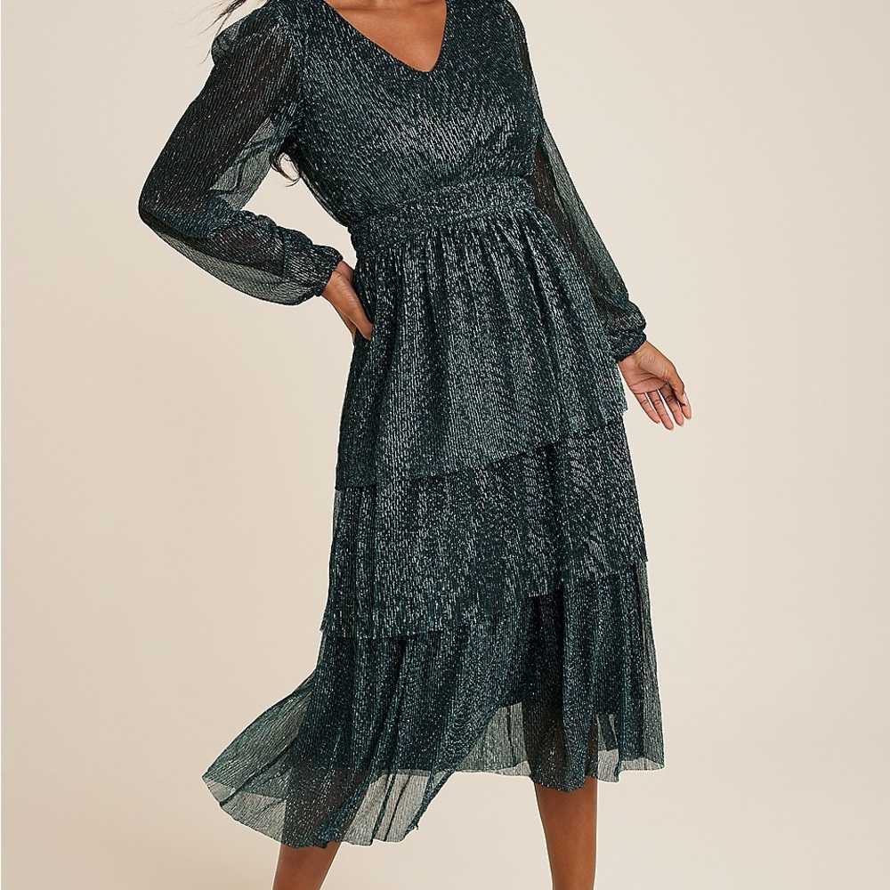 Maurices Shimmering Dark Green Long Sleeve Dress